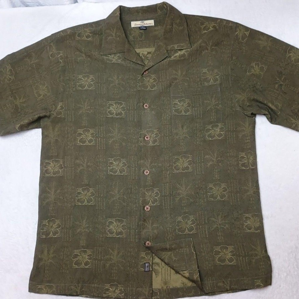 Tommy Bahama Shirt Mens M Green Floral Silk Button-Up Loop Collar Summer Pockets